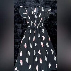SHEIN Black Dress with Pink and White Feather Print